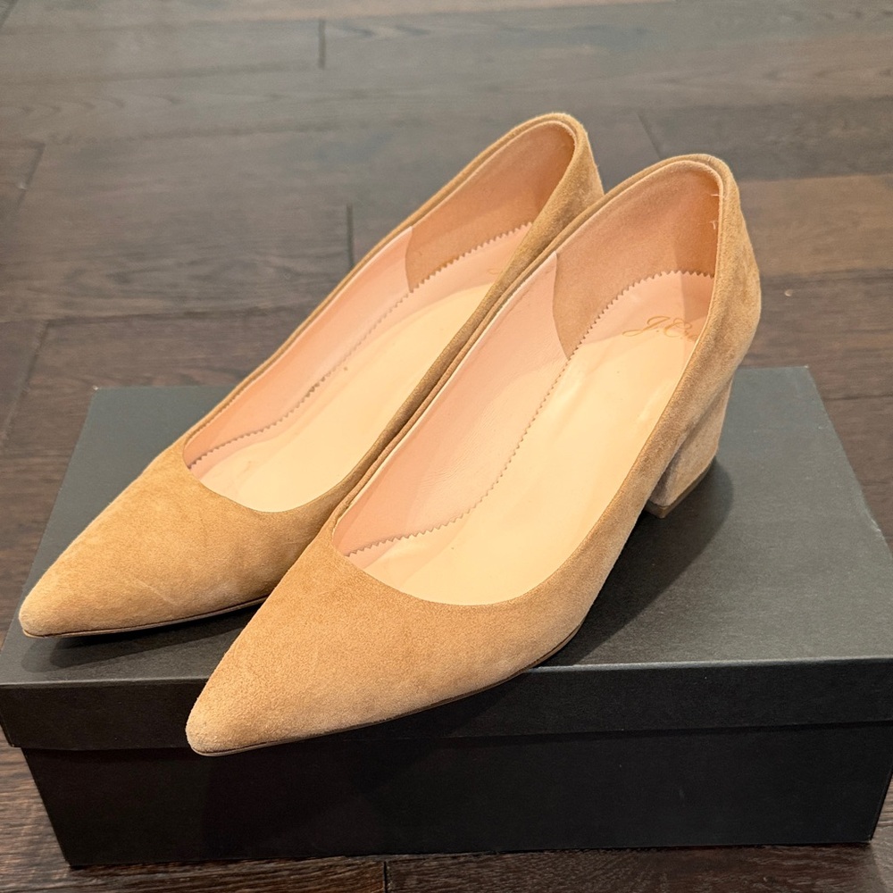 J. Crew Tan Suede Pointed-Toe Block Heel Pumps